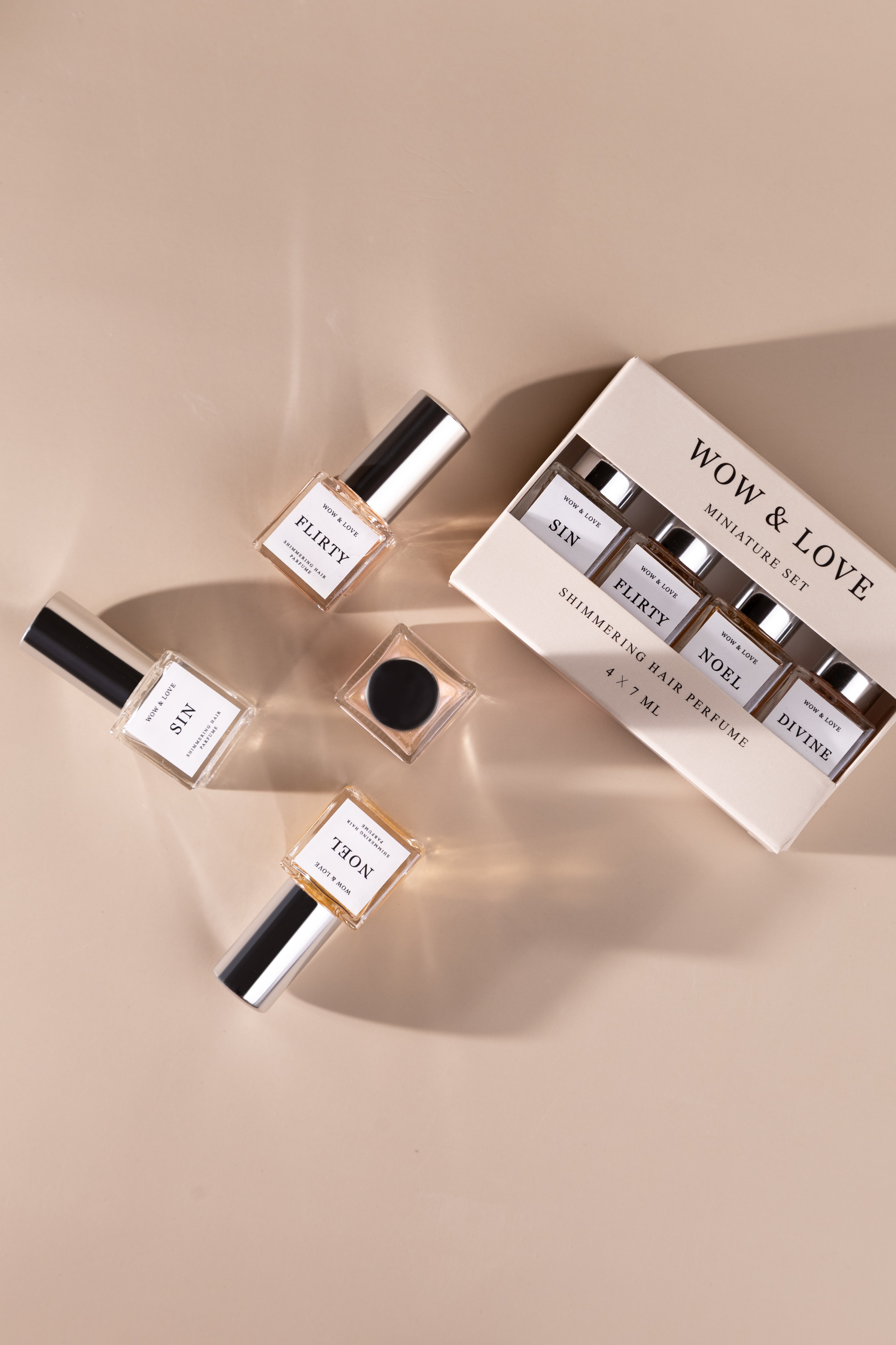 Набір мініатюр парфумів-доглядів для волосся з шимером Wow&Love (4×7 мл)